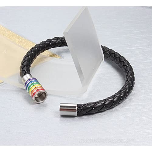 Nanafast Titanium Stainless Steel Magnet Rainbow LGBT Pride Handmade Braided Bracelet PU Leather Weave Plaited Jewelry