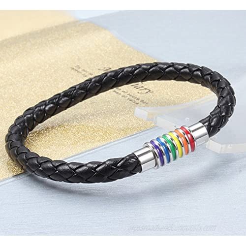 Nanafast Titanium Stainless Steel Magnet Rainbow LGBT Pride Handmade Braided Bracelet PU Leather Weave Plaited Jewelry