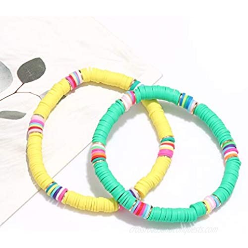 NVENF Rainbow Heishi Bracelets for Women Stackable African Vinyl Disc Bead Stretch Bracelets Bohemia Layered Surfer Bracelets Summer Beach Accessory