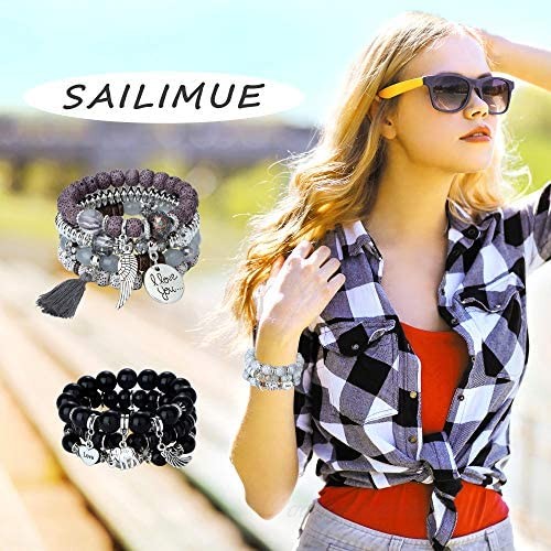 SAILIMUE 6 Sets Bohemian Stackable Bead Bracelets for Women Men Stretch Multilayered Bangles Bracelet Set Boho Multicolor Jewelry