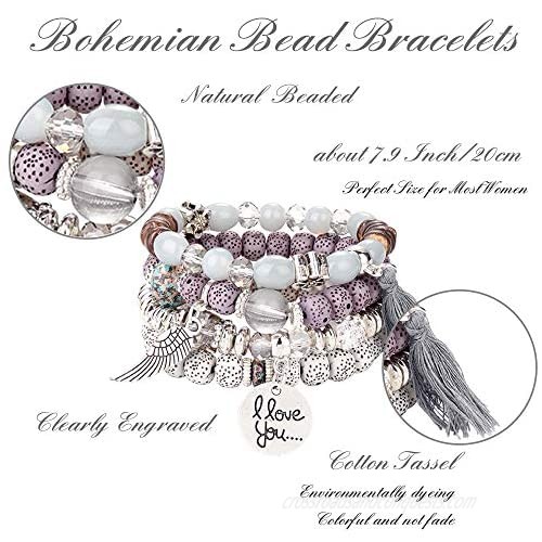 Subiceto 8 Set Bohemian Wood Beads Bracelet Set for Women Multilayer Tassel Stackable Beaded Charm Stretch Statement Bracelet Set