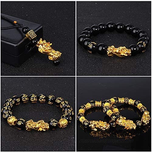 Sumfox 3-6Pcs Feng Shui Bracelets Black Obsidian Wealth Bracelet for Good Luck Elastic Bracelet Pi Xiu Beads Black Bracelet and Necklace for Women Men with Gift Bag