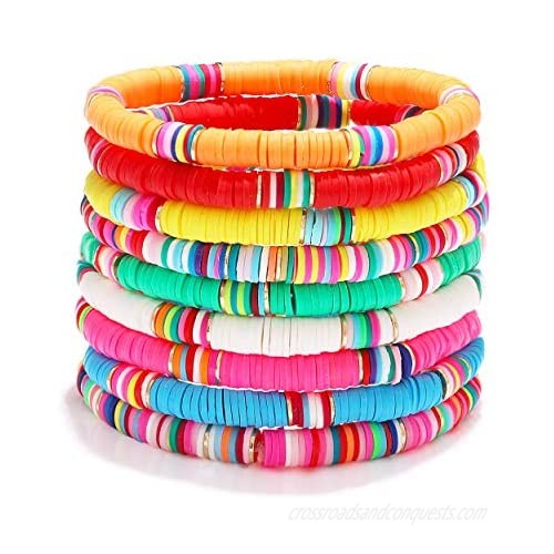 Surfer Heishi Bracelets for Women Stackable Rainbow Vinyl Disc Beaded Stretch Bracelets Elastic Layering Friendship Bracelets Boho Summer Beach Jewelry