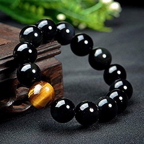 SX Commerce Natural Obsidian Bracelet Black Natural 10MM or 12MM Stone with a unique Tiger Eye Good Gift for Men and Women