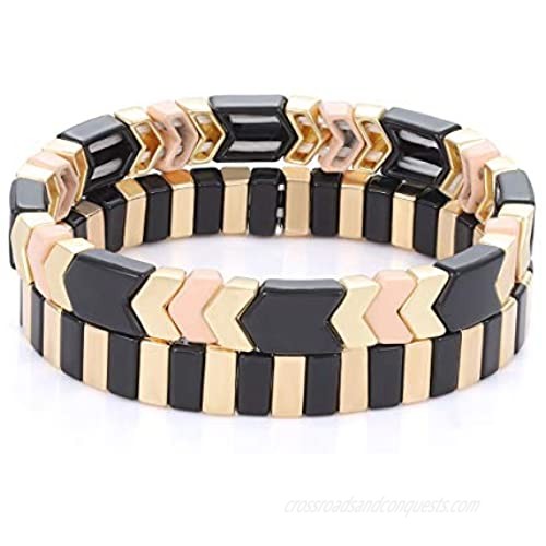 Tile Enamel Bracelet Set Tila Chevron Arrow Rectangle Elastic Stretchy Beaded Bracelet Colorblock Stackable Bracelet for Woman Gift