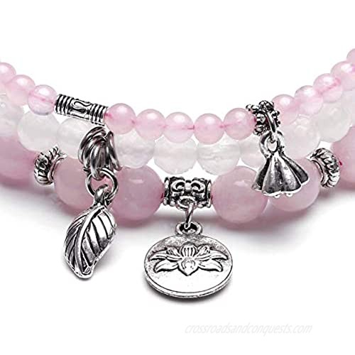 Top Plaza Healing Crystal Stone Beads Stretch Bracelets Set Chakra Yoga Reiki Gemstone Beaded Bracelet Lotus Leaves Charm Jewelry for Womens