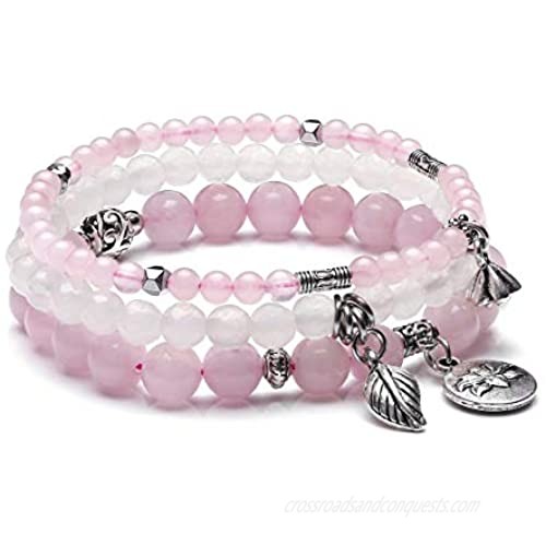Top Plaza Healing Crystal Stone Beads Stretch Bracelets Set Chakra Yoga Reiki Gemstone Beaded Bracelet Lotus Leaves Charm Jewelry for Womens