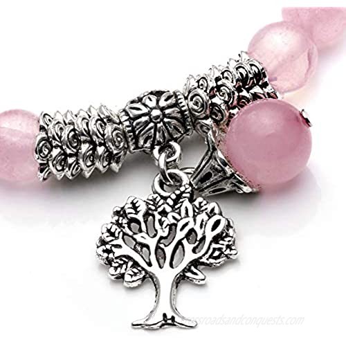 Top Plaza Stretch Rose Quartz Tree of Life Lucky Stone Bracelet Reiki Healing Crystal Gemstone Dangle Charms Pendant Birthstone Bracelet(6.2)