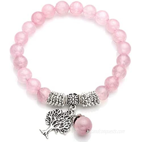 Top Plaza Stretch Rose Quartz Tree of Life Lucky Stone Bracelet Reiki Healing Crystal Gemstone Dangle Charms Pendant Birthstone Bracelet(6.2")