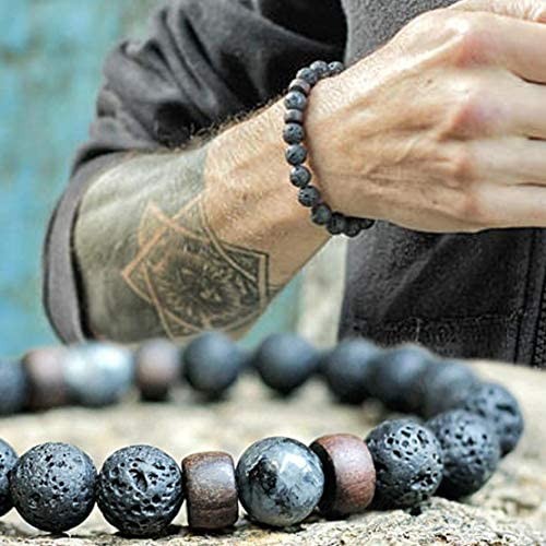 WAINIS 9 Pcs Black Lava Stone 7 Chakra Bracelets Yinyang Rock Bead Elastic Natural Stones Gemstones Oil Diffuser Yoga Menditation Beads Bracelets for Men Women Jewelry