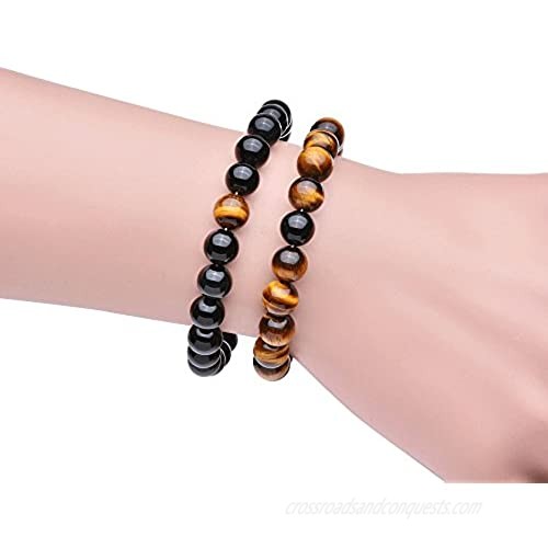 Wanmei 8mm Black Matte Agate & Tiger Eye Healing Energy Stone Beads Distance Bracelets for Couples(2 pcs)