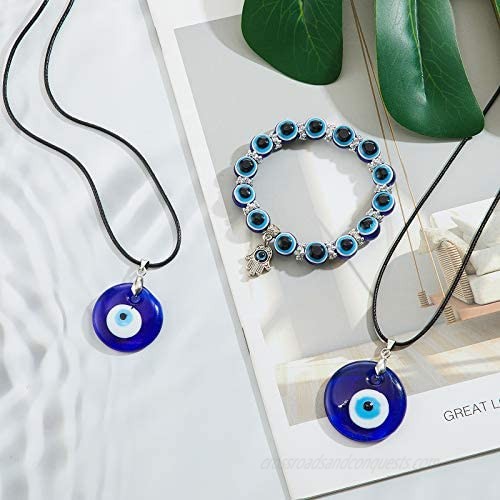 Yaomiao 4 Pieces Evil Eye Necklace with Evil Eye Bracelet Set Blue Eye Bead Hamsa Hand Stretch Bracelet and Glass Eye Faux Leather Rope Chain Necklace for Women and Men