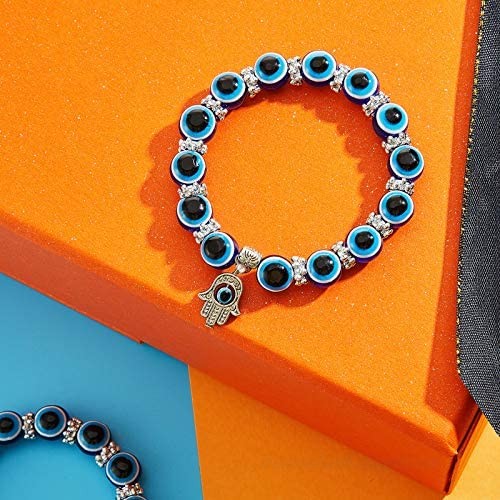 Yaomiao 4 Pieces Evil Eye Necklace with Evil Eye Bracelet Set Blue Eye Bead Hamsa Hand Stretch Bracelet and Glass Eye Faux Leather Rope Chain Necklace for Women and Men