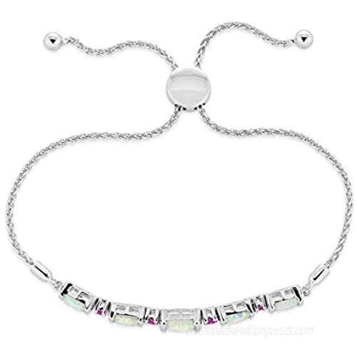 .925 Sterling Silver Five Station Elongated Cushion and Round Gemstone Adjustable Bolo Bracelet - 5” to 9-1/4” - Choice of Natural and Lab-Grown Stones