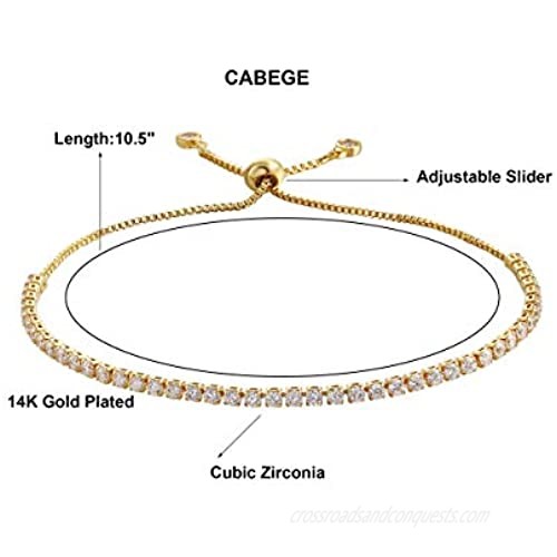 CABEGE 14K Gold Plated Tennis Bracelet Sparking Cubic Zirconia Adjustable Pull Chain Tennis Bracelet for Women