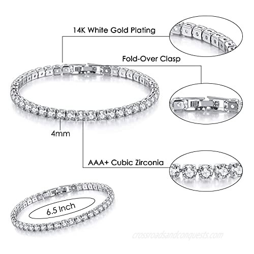 Classic Tennis Bracelets Gold Plated 4mm Cubic Zirconia Diamond Bracelet Crystal Jewelry Gifts for Women 6.5-7.5 Inch (with Exquisite Box)