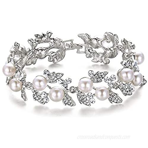 EVER FAITH Bridal Silver-Tone Simulated Pearl Flower Leaf Clear Austrian Crystal Bracelet