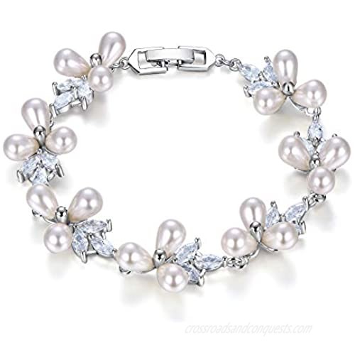 EVER FAITH Women's CZ Cream Simulated Pearl Floral Leaf Wedding Bride Tennis Bracelet Clear Silver-Tone