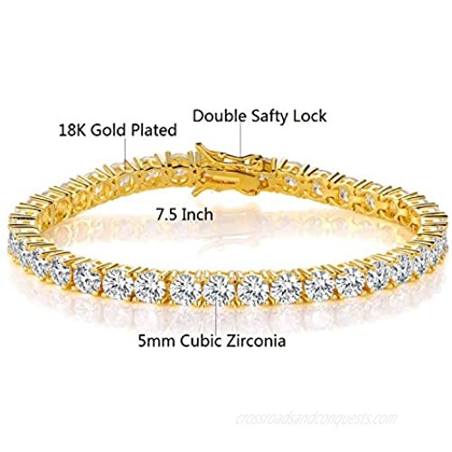 GMESME 18K Yellow Gold Plated 5.0 Round Cubic Zirconia Classic Tennis Bracelet 7.5 Inch