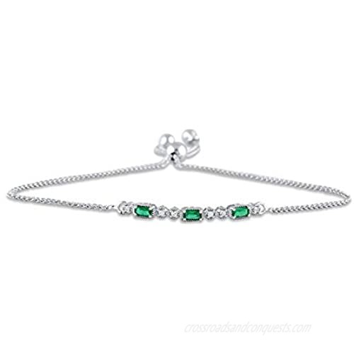 Jewelili Sterling Silver 4x2MM Baguette simulated Green Emerald and Round Created White Sapphire Bolo Bracelet  9.5"