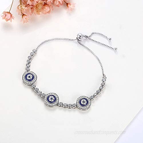 Kaletine Blue Evil Eyes Tennis Bracelet Sterling Silver 925 Cubic Zirconia Chain Adjustable 5-10 for Women