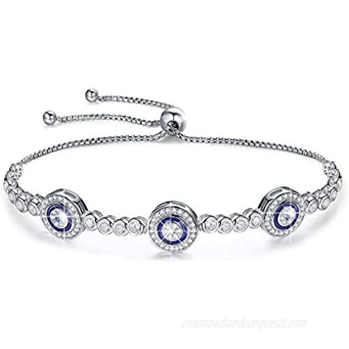 Kaletine Blue Evil Eyes Tennis Bracelet Sterling Silver 925 Cubic Zirconia Chain Adjustable 5"-10" for Women