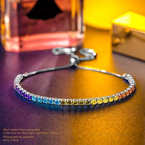 Kate Lynn Tennis Bracelets for Women ✦Colorful Time✦ 925 Sterling Silver Adjustable Classic Slider Bracelet Made with 5A Cubic Zirconia Rainbow Jewelry for Women Birthday with Gift Box 5.1-11.8 Inch