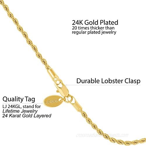 LIFETIME JEWELRY 2mm Rope Chain Bracelet 24k Real Gold Plated for Women and Men