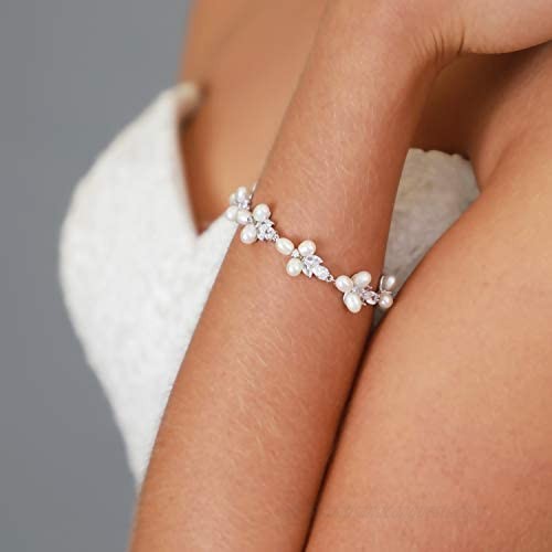 Mariell CZ Freshwater Pearl Bridal Wedding Bracelet for Women Platinum Plated 7 1/8 Plus 1/2 Extender