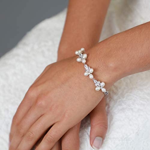 Mariell CZ Freshwater Pearl Bridal Wedding Bracelet for Women Platinum Plated 7 1/8 Plus 1/2 Extender