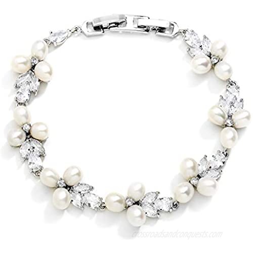 Mariell CZ Freshwater Pearl Bridal Wedding Bracelet for Women  Platinum Plated  7 1/8" Plus 1/2" Extender