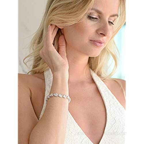 Mariell Platinum Plated Tennis Bracelet with Pear-Shaped Cubic Zirconia Halos for Brides Wedding & Prom