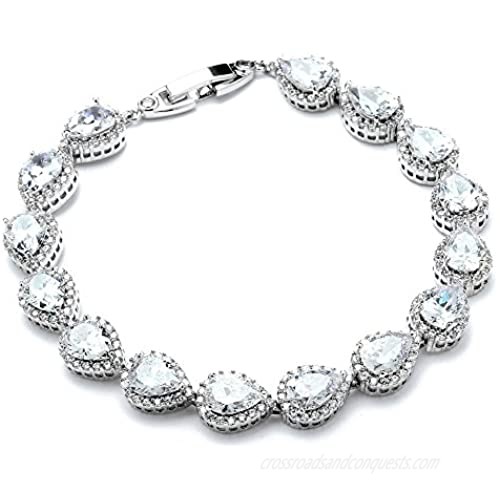 Mariell Platinum Plated Tennis Bracelet with Pear-Shaped Cubic Zirconia Halos for Brides  Wedding & Prom