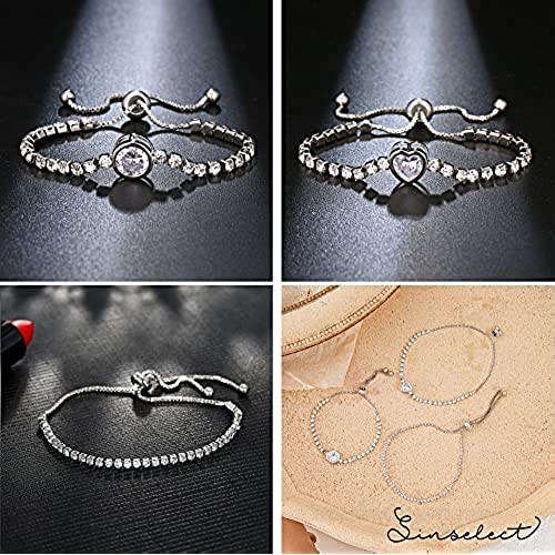 Sinselect 3 PCS Classic Tennis Bracelet for Women Cubic Zirconia Heart Bracelet Adjustable Slider Bracelet Jewelry for Gifts