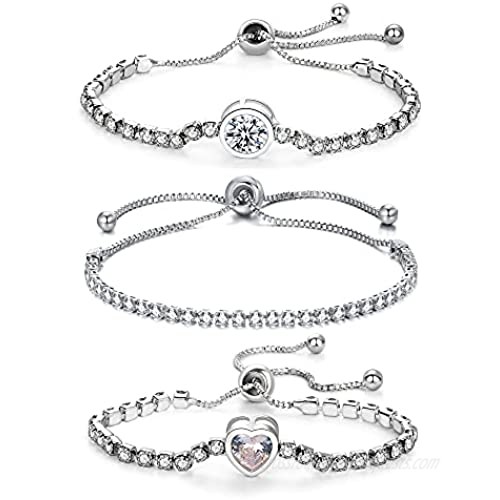 Sinselect 3 PCS Classic Tennis Bracelet for Women  Cubic Zirconia Heart Bracelet  Adjustable Slider Bracelet Jewelry for Gifts