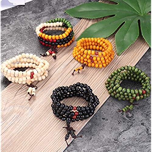 Adramata 16 Pcs Wood Beaded Bracelet Necklace for Men Women Tibetan Buddhist Meditation Mala Prayer Elastic Beads Bracelet Set