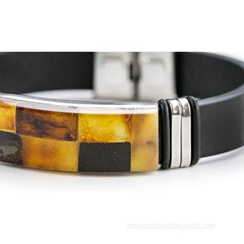 Amber Leather Bracelet - Square Wrap in a Gift Box - Stainless Steel Adjustable - Amber Culture