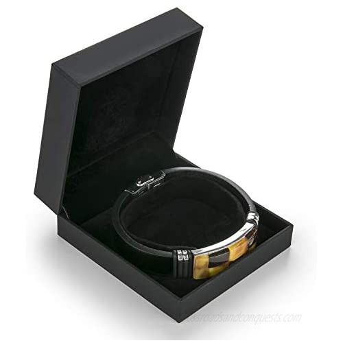 Amber Leather Bracelet - Square Wrap in a Gift Box - Stainless Steel Adjustable - Amber Culture