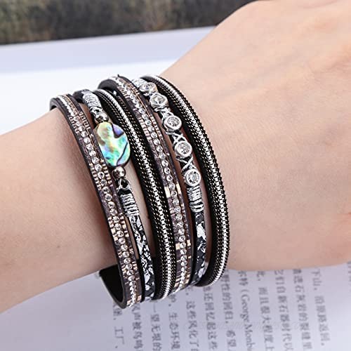 AOTOA Leopard Leather Wrap Bracelet Multilayer Crystal Wide Cuff Bracelets with Magnetic Buckle for Women Girls