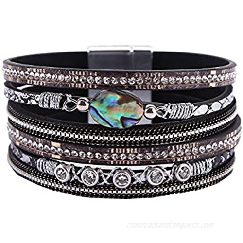 AOTOA Leopard Leather Wrap Bracelet Multilayer Crystal Wide Cuff Bracelets with Magnetic Buckle for Women Girls