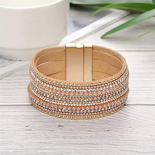Artilady Leather Wrap Bracelet for Women - Handmade Clasp Bangle Bracelet with Pearl Druzy Crystal Wristbands Jewelry Gift for Sisters Teen Girls and Mother
