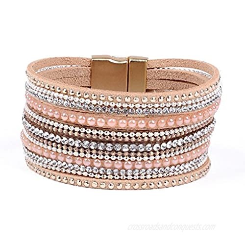 Artilady Leather Wrap Bracelet for Women - Handmade Clasp Bangle Bracelet with Pearl Druzy Crystal Wristbands Jewelry Gift for Sisters Teen Girls and Mother
