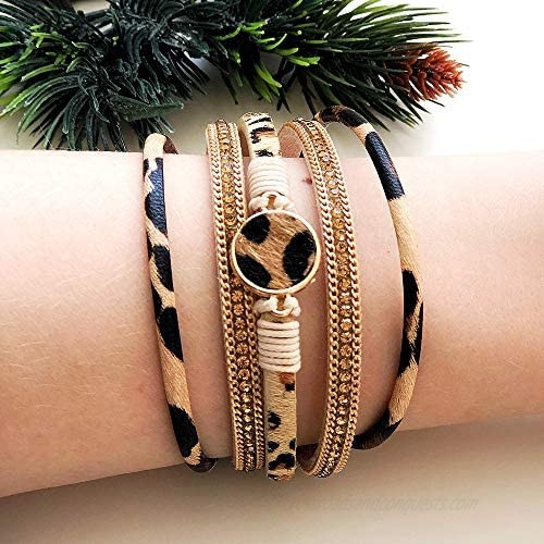 ARVATO Leopard Bracelets for Women Teen Girls Multilayer Wide Animal Cheetah Print Leather Wrap Bracelet Jewelry Gift