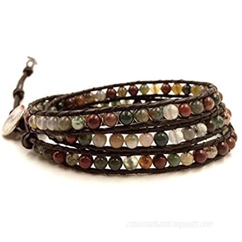 BLUEYES COLLECTION Hot Mix Color India Agate Stainless Steel Snap Button Lock Genuine Leather Bracelet