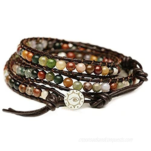 BLUEYES COLLECTION "Hot Mix Color India Agate Stainless Steel Snap Button Lock Genuine Leather Bracelet