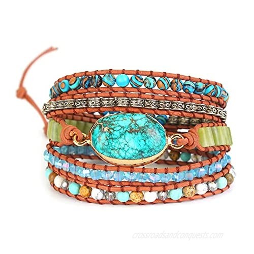 Boho Handmade 5 Wraps Natural Stone Leather-Bracelets and Beads Bracelet for Women