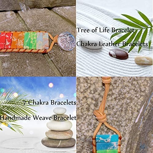 Chakra Leather Bracelet Handmade Wrap Boho Sunflower Real Stone Bracelets for Women Girls Healing Yoga Weave Friendship Jewelry Gifts