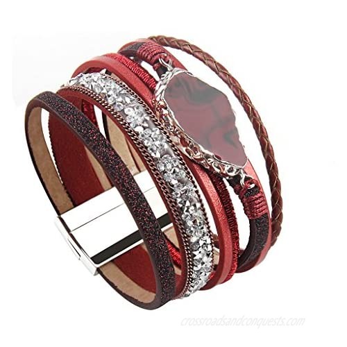 COOLLA Braided Wrap Bracelet Agate Stone Crystal Leather Cuff Bangle Women Bracelet