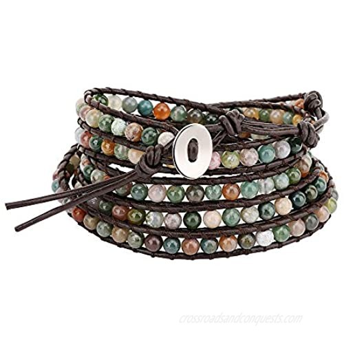 Emibele Layered Leather Bracelet Rivet Leopard Print Bohemian Style Multilayer Wrap Bracelet Handmade Agate Chakra Crystal Glass Beaded Shell Bracelet for Women