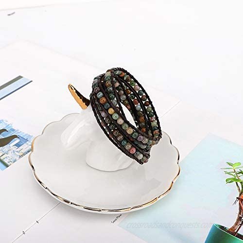 Emibele Layered Leather Bracelet Rivet Leopard Print Bohemian Style Multilayer Wrap Bracelet Handmade Agate Chakra Crystal Glass Beaded Shell Bracelet for Women
